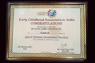 Aptech International Preschool was awarded Quality Audit Certificate (for Kandivali, Mumbai centre) by The Early Childhood Association